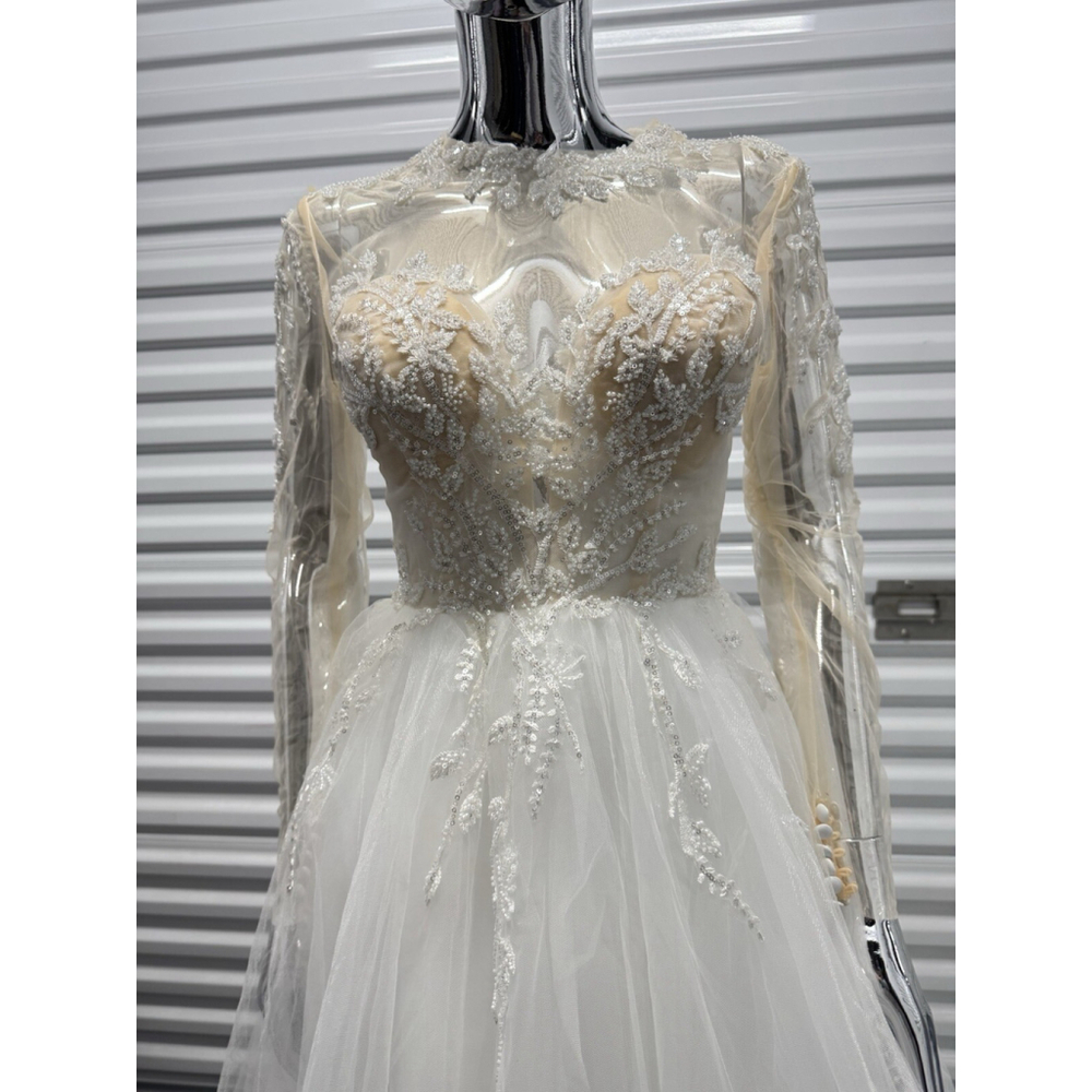 Missacc Petite S Wedding Gown A Line Ball Bridal Gown Beaded Mesh Top Long Sleev - Picture 3 of 9